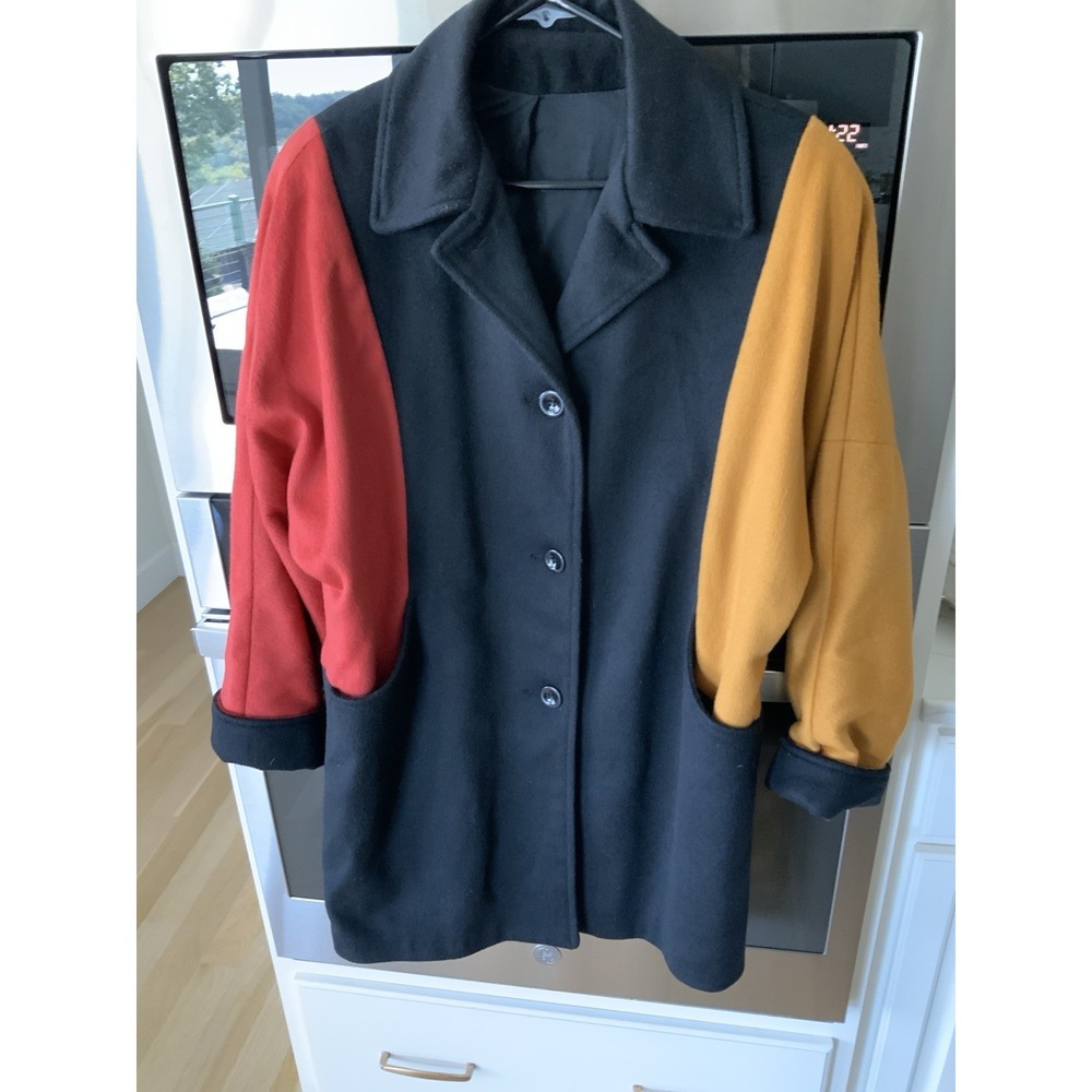 Vtg Color block Wool Blend Coat 80% Wool Black Mustard Yellow Red